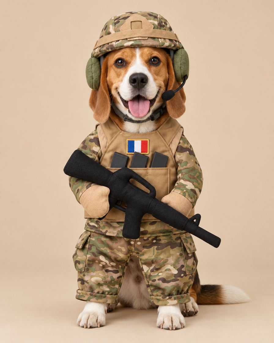 Beagle portant le déguisement soldat Woof Commando taille L