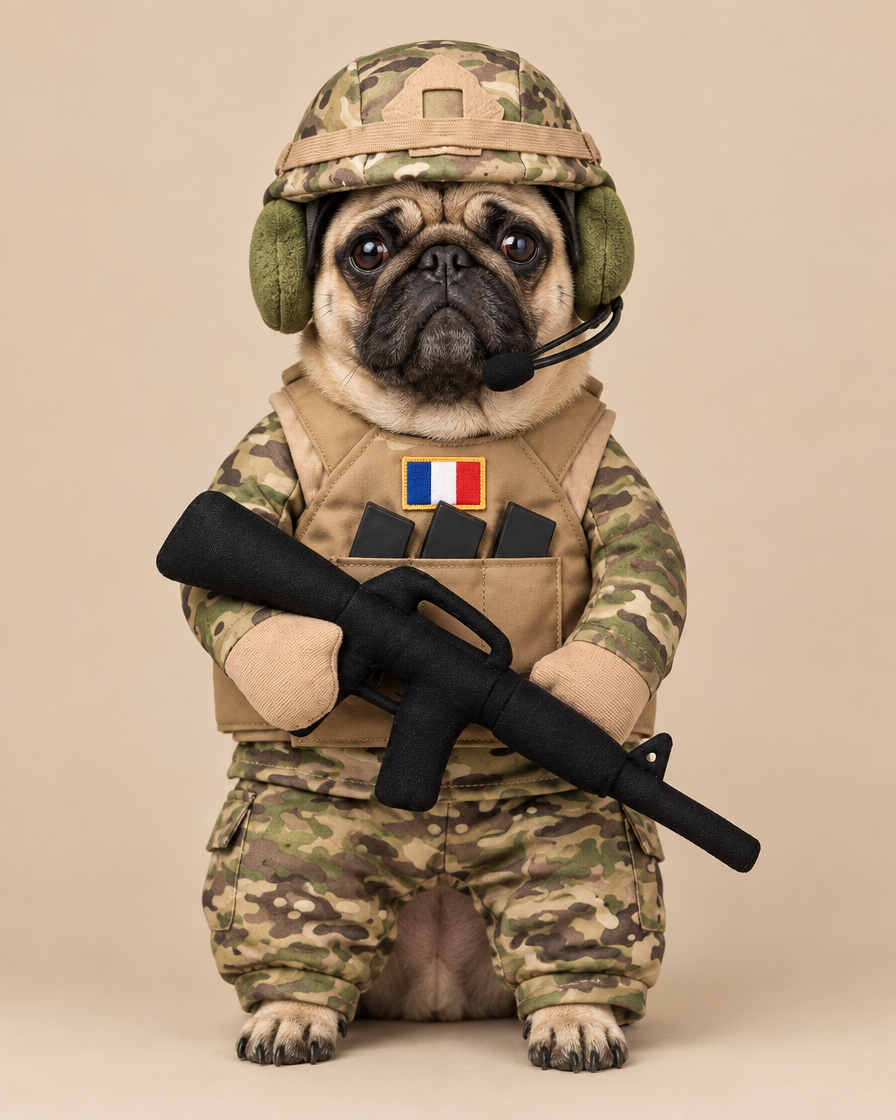 Carlin portant le déguisement soldat Woof Commando taille M