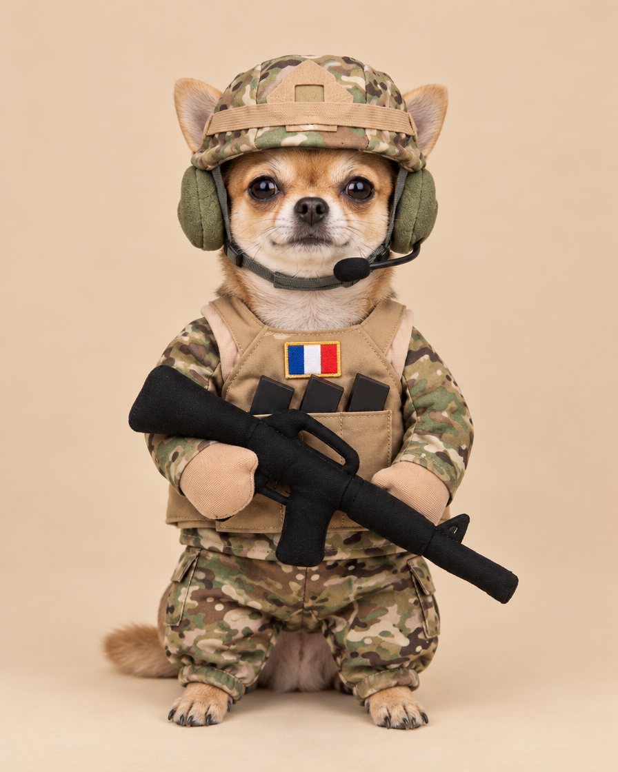 Chihuahua portant le déguisement soldat Woof Commando taille S