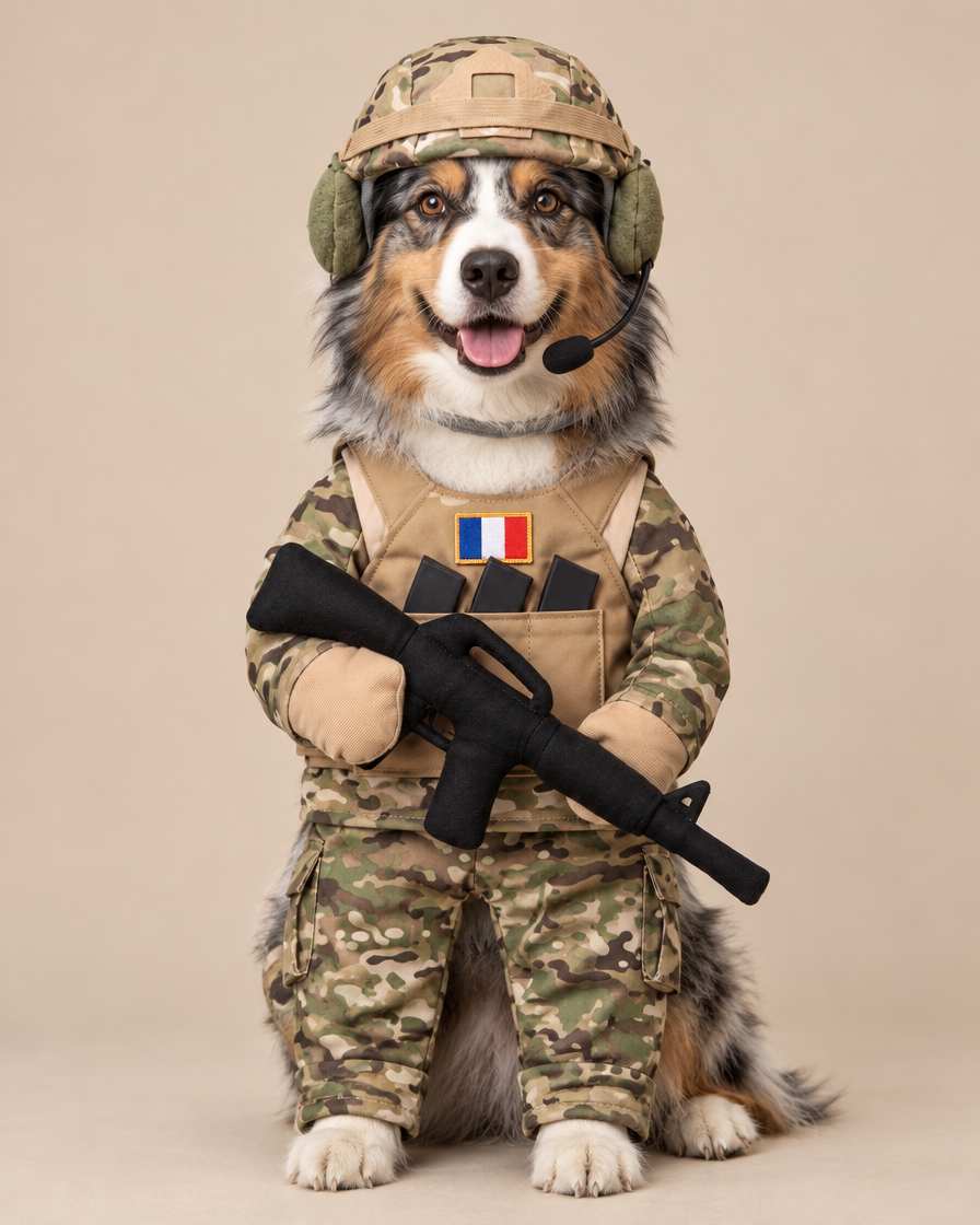 Berger australien portant le déguisement soldat Woof Commando taille XL